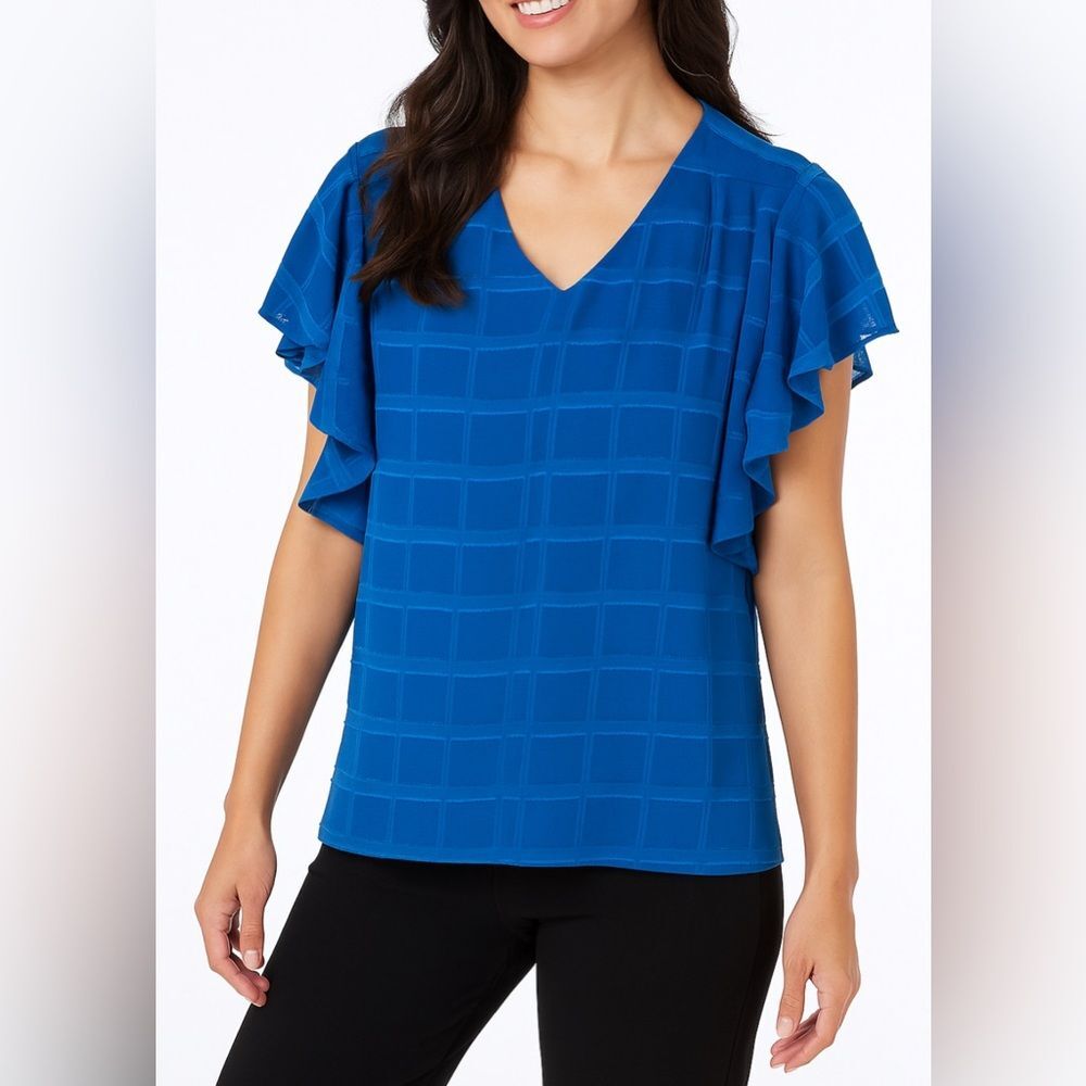 Counterparts Vivid Royal Blue Flutter Sleeve Top w Windowpane Pattern. Size XL.